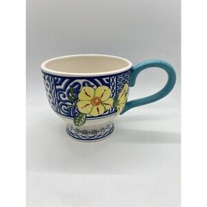 Fitz and Floyd Courtyard Footed Coffee Cup Mug Blue White Design Yellow Flowers